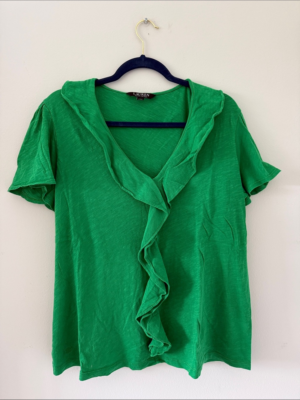 Lauren Ralph Lauren Bright Green Ruffle V-Neck Short Sleeve Top